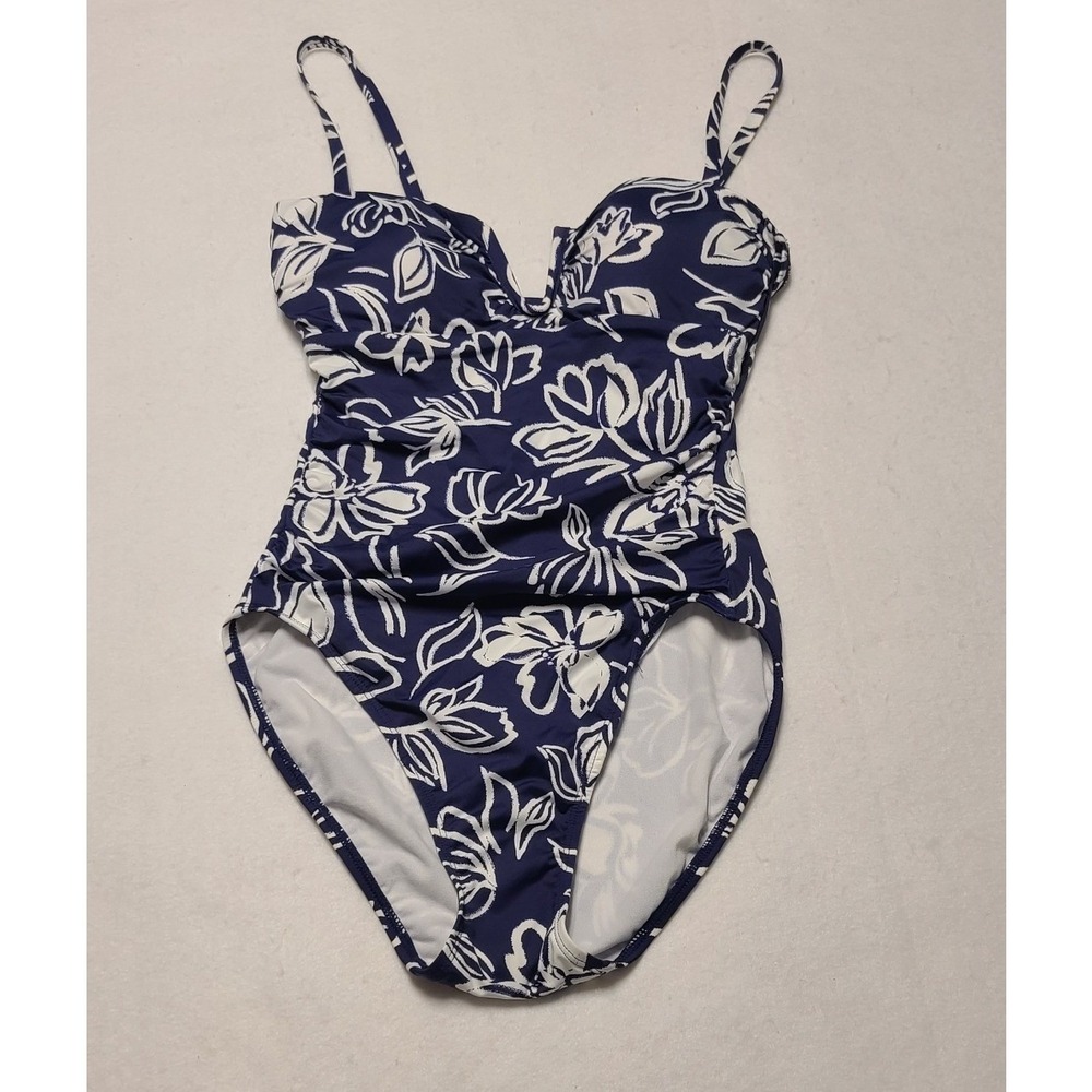 Lauren Ralph Lauren Navy Blue White Floral One Piece Swimsuit Size 10